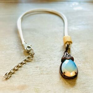 Opal Teardrop Pendant Necklace with Cream Cord